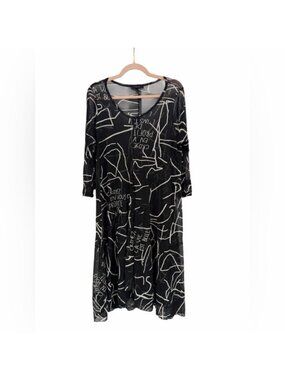 Comfy USA Abstract Print Tunic Dress Lagenlook Artsy Sheer Black White‎ M